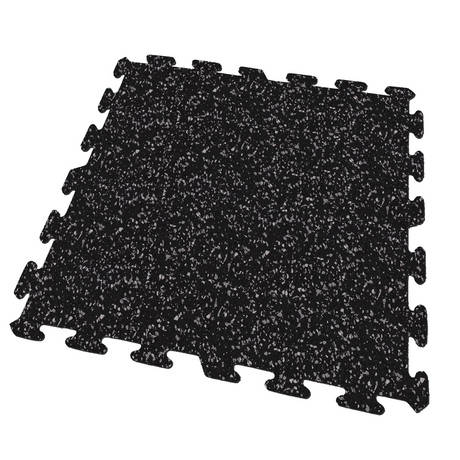 A black, dark gray, and light gray colored Ecore Athletic interlocking rubber gym flooring tile for homes