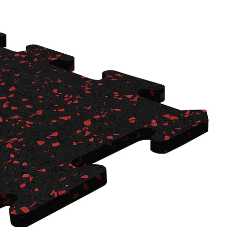 A black and red Ecore Athletic interlocking rubber gym flooring tile for homes