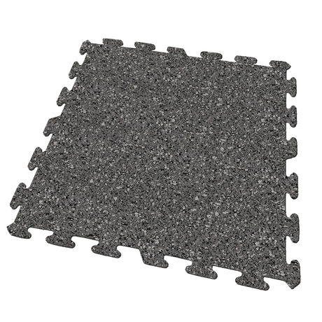 A mostly light gray colored Ecore Athletic interlocking rubber gym flooring tile for homes