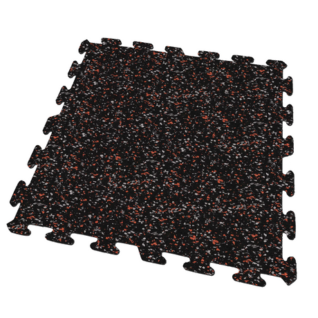 A black, orange, and gray colored Ecore Athletic interlocking rubber gym flooring tile for homes