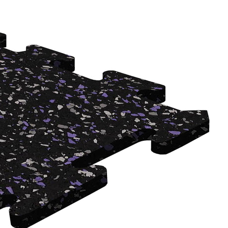 A black, purple, and gray colored Ecore Athletic interlocking rubber gym flooring tile for homes