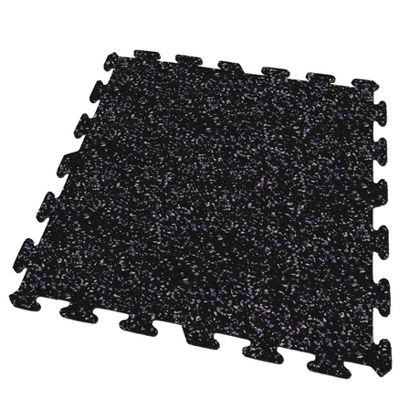 A black, purple, and gray colored Ecore Athletic interlocking rubber gym flooring tile for homes