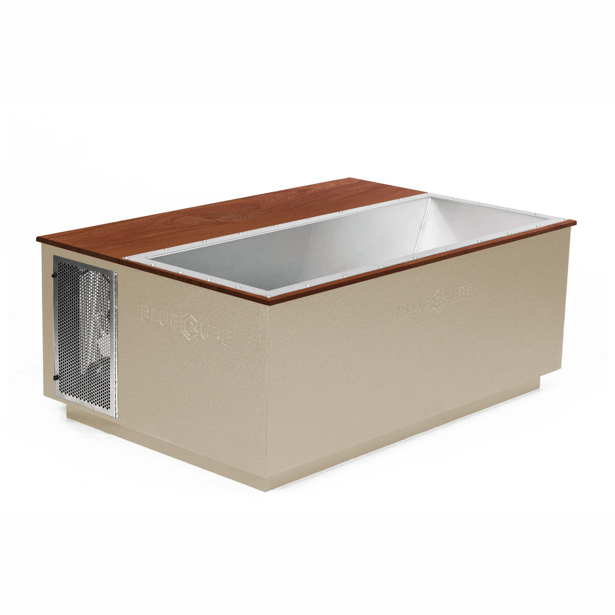 Beige BlueCube CoreChill 3 Elite Cold Plunge Tub with walnut top which is commercial grade and handmade in America