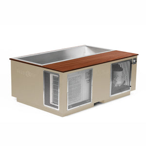 Beige BlueCube CoreChill 3 Elite Cold Plunge Tub with walnut top which is commercial grade and handmade in America