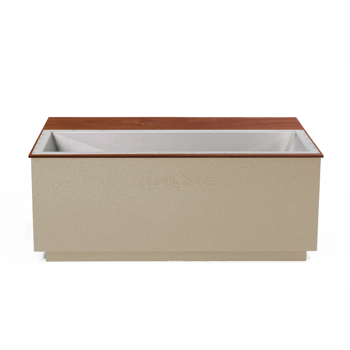 Beige BlueCube CoreChill 3 Elite Cold Plunge Tub with walnut top which is commercial grade and handmade in America