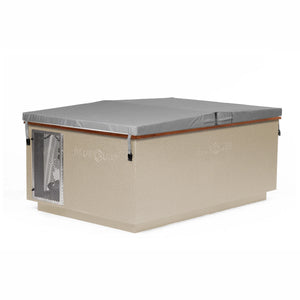 Beige BlueCube CoreChill 3 Elite Cold Plunge Tub with walnut top and spa cover which is commercial grade and handmade in America