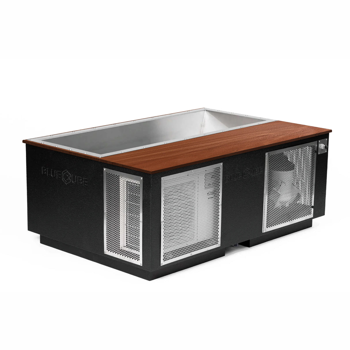 Black BlueCube CoreChill 3 Elite Cold Plunge Tub with walnut top which is commercial grade and handmade in America