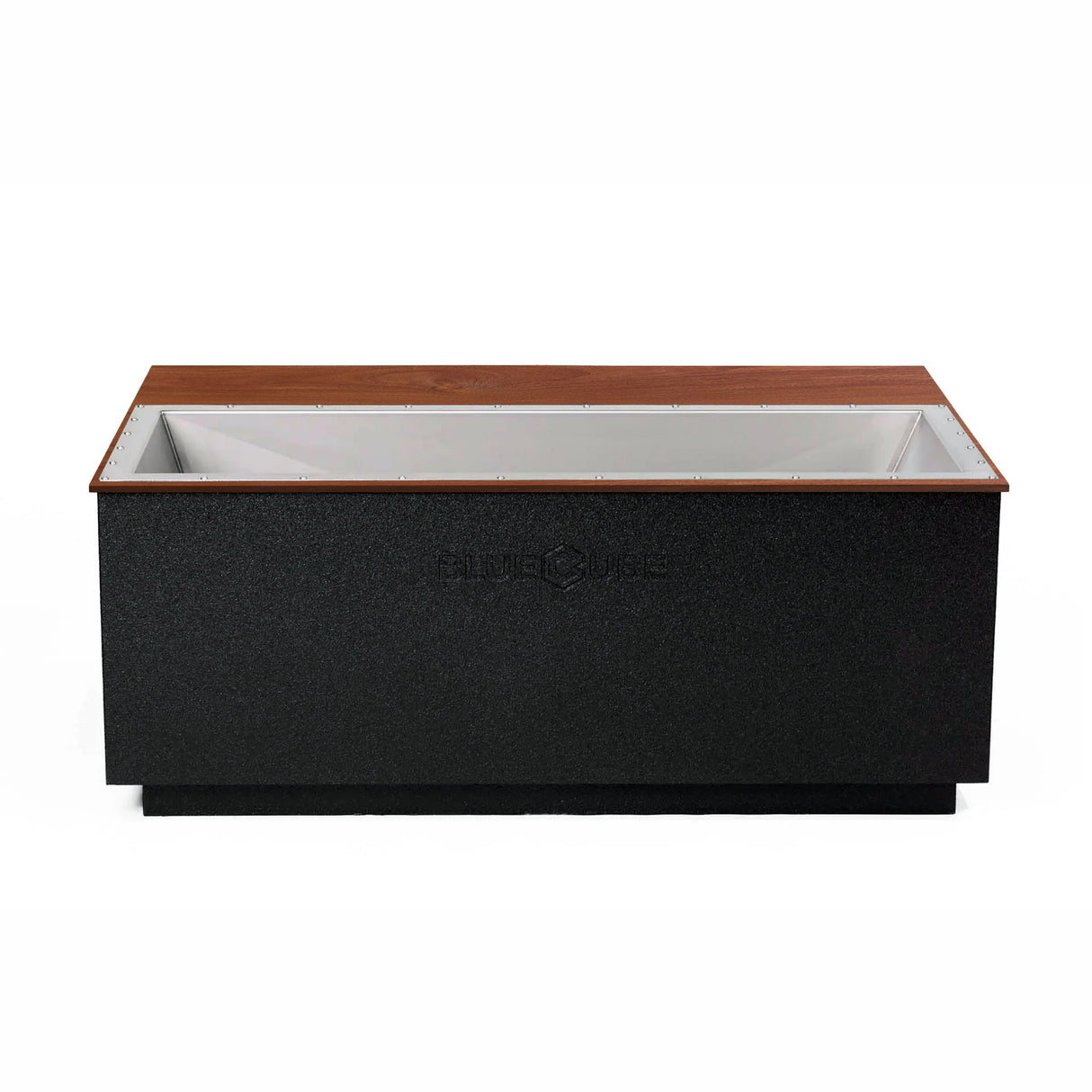 Black BlueCube CoreChill 3 Elite Cold Plunge Tub with walnut top which is commercial grade and handmade in America