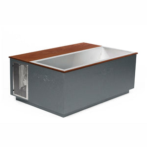 Gray BlueCube CoreChill 3 Elite Cold Plunge Tub with walnut top which is commercial grade and handmade in America