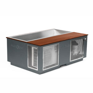 Gray BlueCube CoreChill 3 Elite Cold Plunge Tub with walnut top which is commercial grade and handmade in America