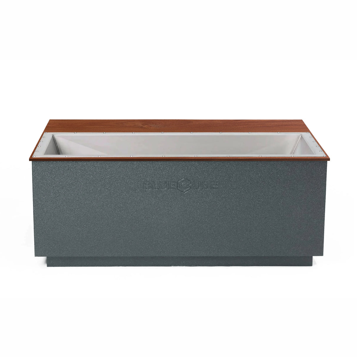 Gray BlueCube CoreChill 3 Elite Cold Plunge Tub with walnut top which is commercial grade and handmade in America