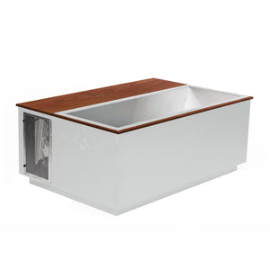 White BlueCube CoreChill 3 Elite Cold Plunge Tub with walnut top which is commercial grade and handmade in America