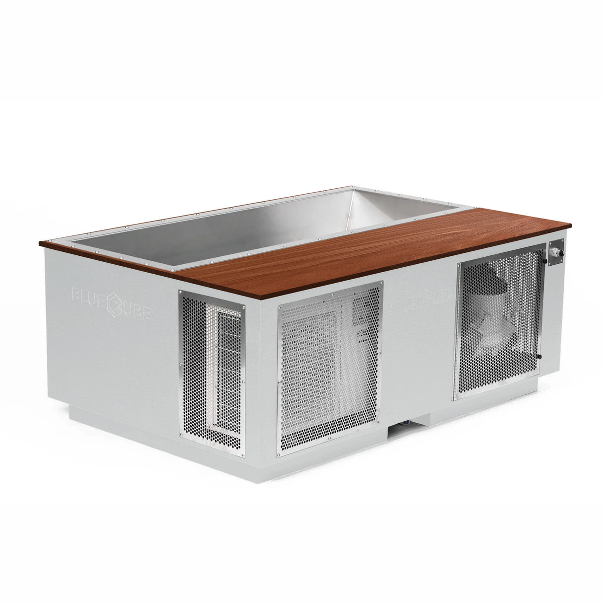 White BlueCube CoreChill 3 Elite Cold Plunge Tub with walnut top which is commercial grade and handmade in America