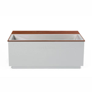 White BlueCube CoreChill 3 Elite Cold Plunge Tub with walnut top which is commercial grade and handmade in America