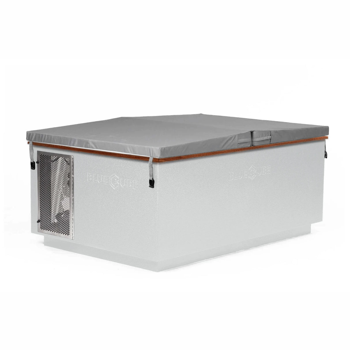 White BlueCube CoreChill 3 Elite Cold Plunge Tub with walnut top and spa cover which is commercial grade and handmade in America