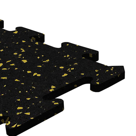 A black and yellow Ecore Athletic interlocking rubber gym flooring tile for homes