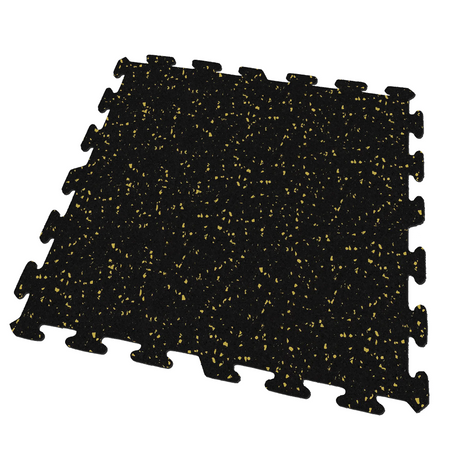 A black and yellow Ecore Athletic interlocking rubber gym flooring tile for homes